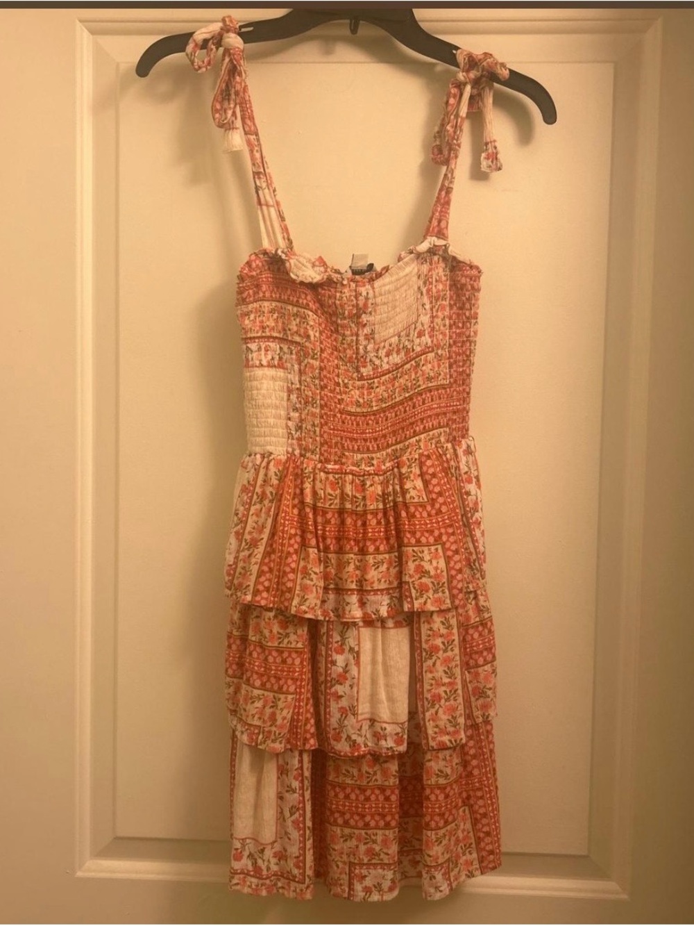 American Eagle Outfitters Patchwork Floral Tiered Mini Dress in Pink and Cream - Picture 2 of 2